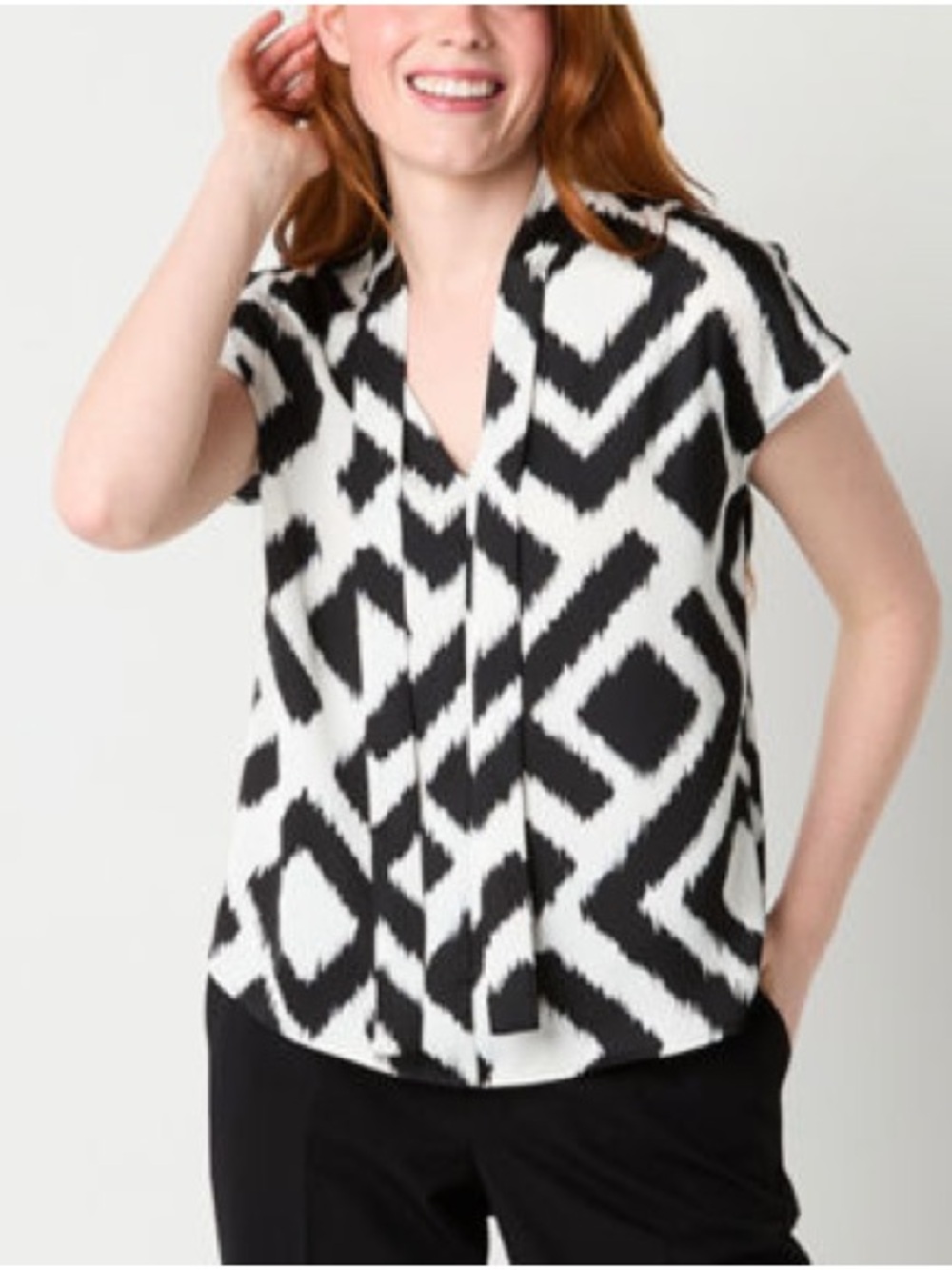 Worthington Black & White Geometric Tie-Neck Blouse